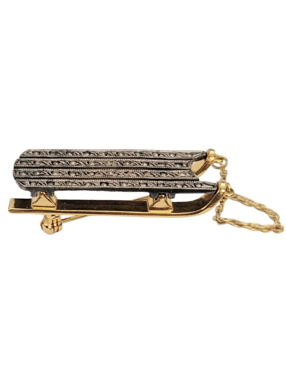 Darlene Gold Tone Silver Tone Faux Marcasite Snow Sled Brooch Pin, Signed E286
